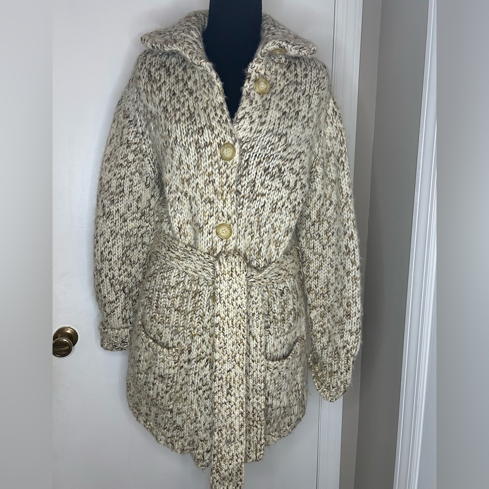 GAP WOOL BLEND SPECKLED BEIGE CHUNKY KNIT BELTED CARDIGAN SWEATER SZ L